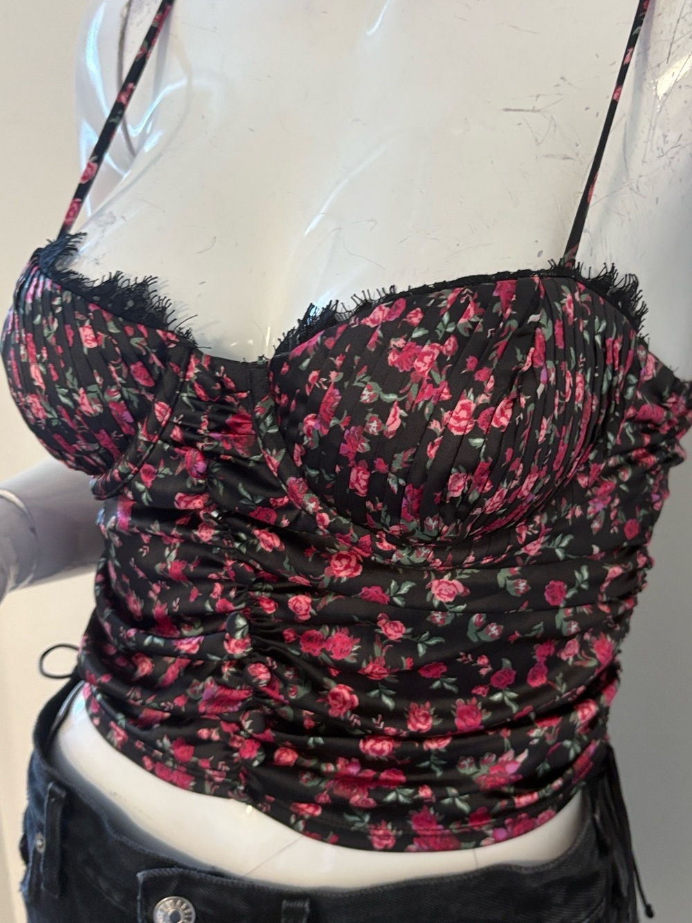 For Love & Lemons x Victorias Secret Collab Black Floral Ruched Bustier Camisole